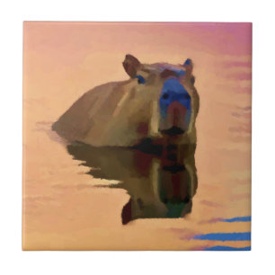 Azulejo De Cerâmica Capybara Emergindo de um Lago Tranquilo