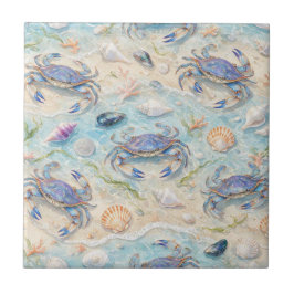 Azulejo De Cerâmica Caranguejo Azul & Conchas
