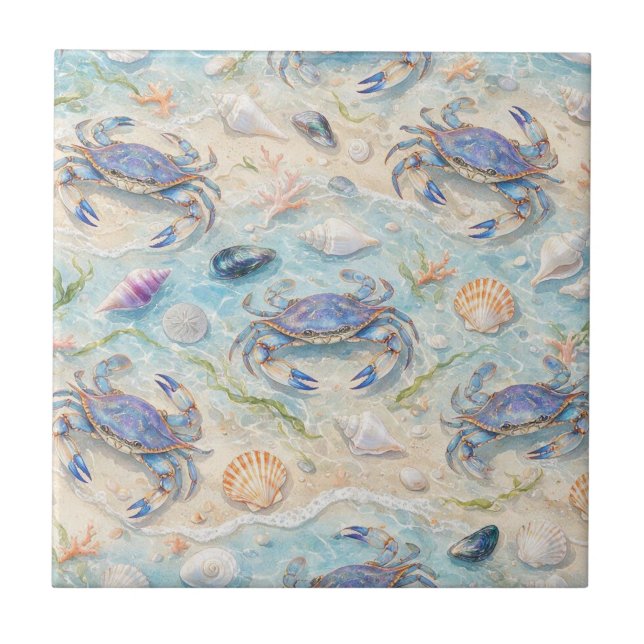 Azulejo De Cerâmica Caranguejo Azul & Conchas (Frente)