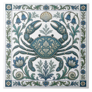 Azulejo De Cerâmica Caranguejo Lindo Vintage Ornado Vida Oceânica