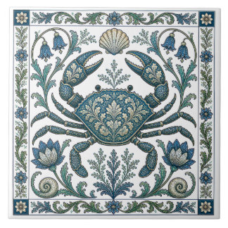 Azulejo De Cerâmica Caranguejo Lindo Vintage Ornado Vida Oceânica