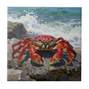 Azulejo De Cerâmica Caranguejo Vermelho Vibrante Ondas do Oceano