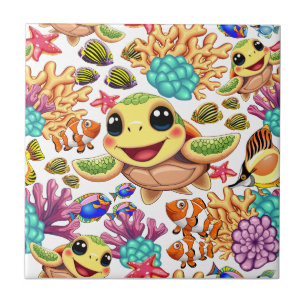 Azulejo De Cerâmica Caráter Feliz e Bonito da Tartaruga do Mar