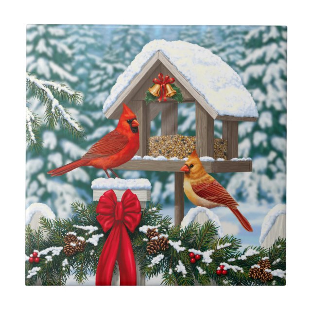 Azulejo De Cerâmica Cardeais e Comedouro de Natal (Frente)