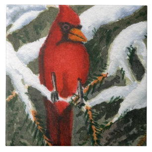 Azulejo De Cerâmica Cardeal de pássaros vermelhos na neve coberto de p