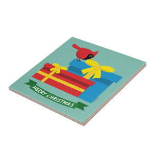 Azulejo De Cerâmica Cardeal Vermelho Cinto Abrindo Um Presente Azul