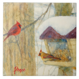 Azulejo De Cerâmica Cardinais de Inverno em Aquarela