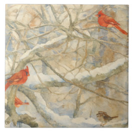Azulejo De Cerâmica Cardinais-do-norte em um Galho Nevado