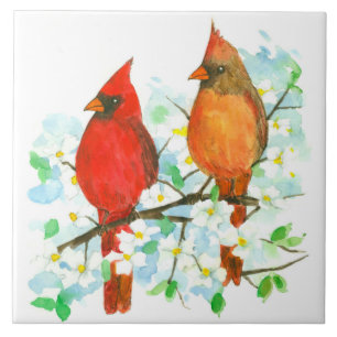 Azulejo De Cerâmica Cardinal Birds Dogwood Tree Watercolor