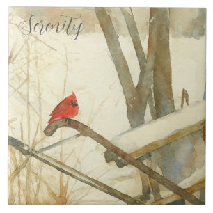Azulejo De Cerâmica Cardinal de Inverno em Aquarela