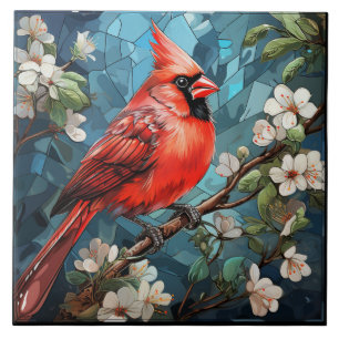 Azulejo De Cerâmica Cardinal Vermelho Inspirado Pássaro com Flores Bra