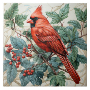 Azulejo De Cerâmica Cardinal Vermelho no Arbusto de Frutas