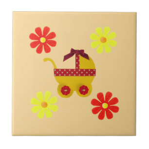 Azulejo De Cerâmica carrinho de bebê primavera, flores amarelas vermel