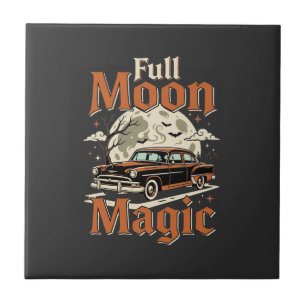 Azulejo De Cerâmica Carro Antigo Mágico Lua Cheia de Halloween