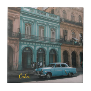 Azulejo De Cerâmica Carro Clássico Turquesa Antigo Havana Cuba Colonia