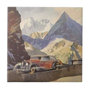 Azulejo De Cerâmica Carro vintage na Mountain Road no inverno com neve