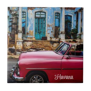 Azulejo De Cerâmica Carro vintage Vermelho de Havana Cuba