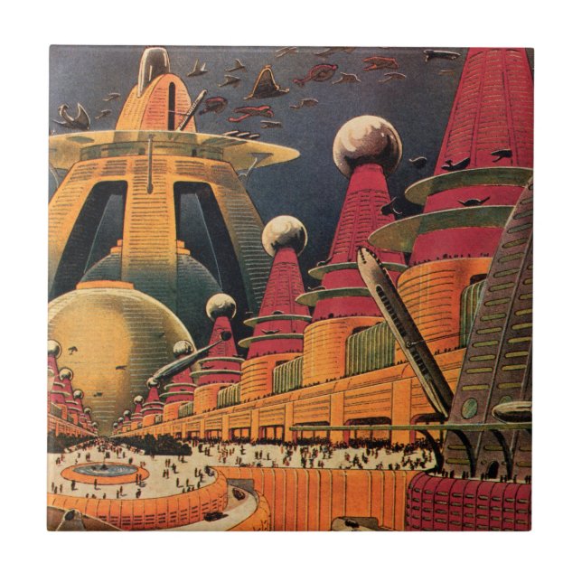 Azulejo De Cerâmica Carro Voador de Cidade Futurística Ficção Ciência  (Frente)