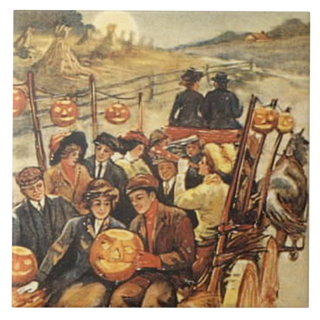 Azulejo De Cerâmica Carroça Assombrada Jack O' Lantern Abóbora Lua (Frente)