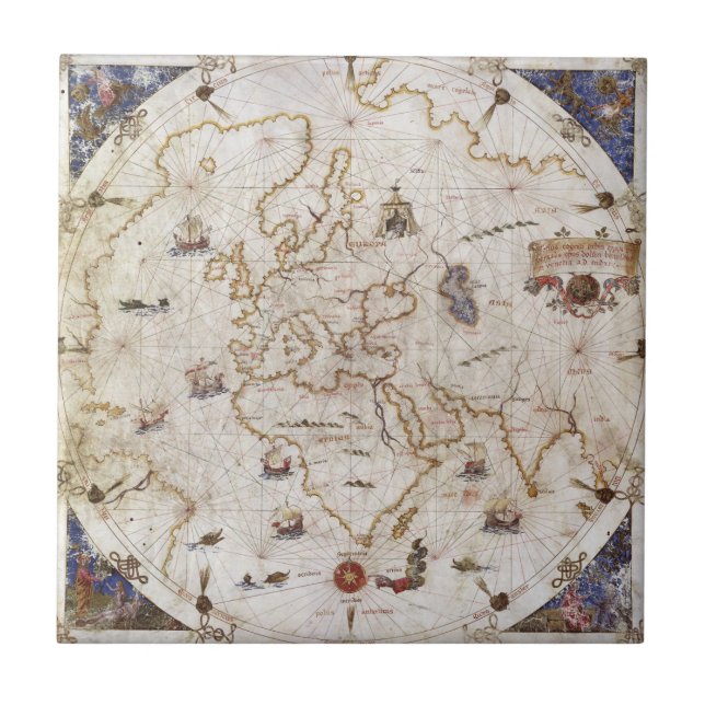 Azulejo De Cerâmica Carta de Portolan do mundo | 1519 (Frente)