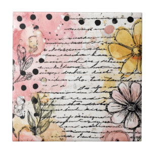 Azulejo De Cerâmica Carta Floral Vintage com Flores Rosa e Amarelas