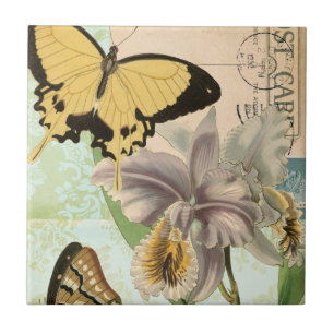 Azulejo De Cerâmica Cartão-postal com borboletas e flores