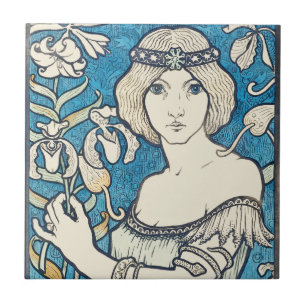 Azulejo De Cerâmica Cartaz de Arte Nova Mulher Floral Azul Impressão V