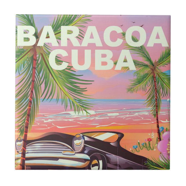 Azulejo De Cerâmica Cartaz de viagem de carro Baracoa Cuba (Frente)