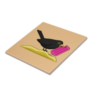 Azulejo De Cerâmica Cartoon Blackbird Comendo Um Sorvete
