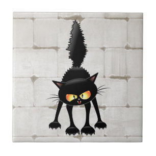 Azulejo De Cerâmica Cartoon de Gato Preto Feroz e Divertido 