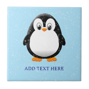 Azulejo De Cerâmica Cartoon de Pinguim Fofo Azul Personalizado