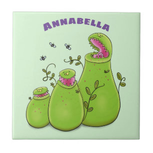 Azulejo De Cerâmica Cartoon de plantas carnívoras verdes e engraçada