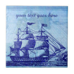 Azulejo De Cerâmica Casa azul velha do navio e de praia do mapa<br><div class="desc">Personalize esta antiguidade-vista náutico - design temático com todas as palavras que você goste. Este rico, design do vintage mostra um navio de navigação azul mottled/navio alto com três mastros, bandeiras de um casal (um americano) e uma imagem antiga fraca, afligida atrás dela, uma colagem do mapa feita nas máscaras...</div>