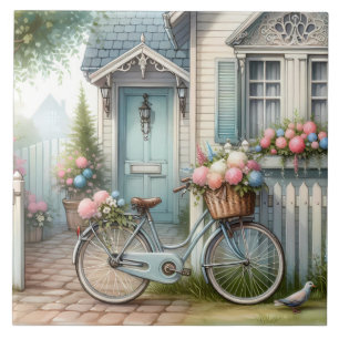 Azulejo De Cerâmica Casa de Bicicleta Cottage Azul com Cesto de Flores