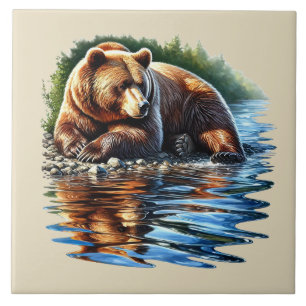 Azulejo De Cerâmica Casa de campo acolhedora com urso marrom no lago