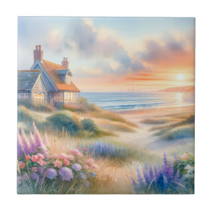 Azulejo De Cerâmica Casa de Praia ao Pôr do Sol Dunas Aquarela