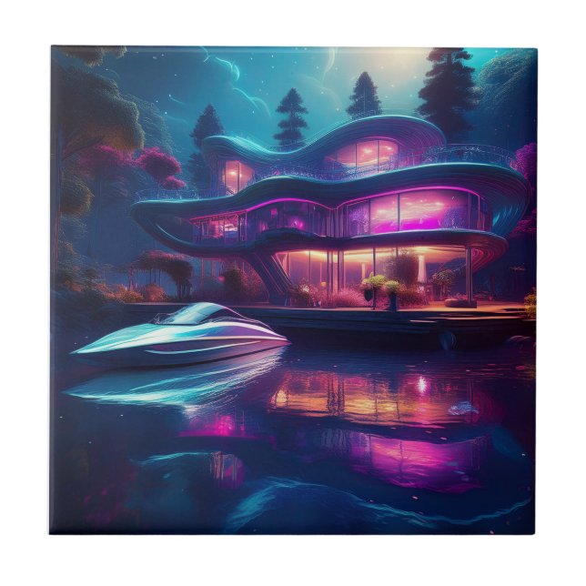 Azulejo De Cerâmica Casa Futurística No Lago (Frente)