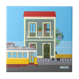 Azulejo De Cerâmica Casa velha de Lisboa com gatos e elétrico amarelo