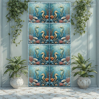 Azulejo De Cerâmica Casal de Cavalos-Marinhos Costeiros Corais Oceânic