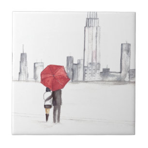 Azulejo De Cerâmica Casal de guarda-chuva vermelho Nova Iorque, Trend