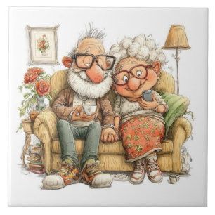 Azulejo De Cerâmica Casal de idosos sentados no sofá