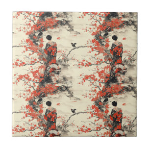 Azulejo De Cerâmica Casal de Kimono Romântico Sakura Padrão (2)