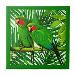 Azulejo De Cerâmica Casal de papagaio verde em uma configuração de sel