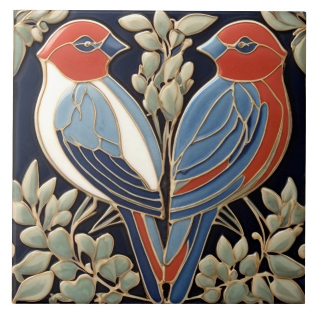 Azulejo De Cerâmica Casal de pássaros Azul Vermelho - Art Nouveau Art  (Frente)