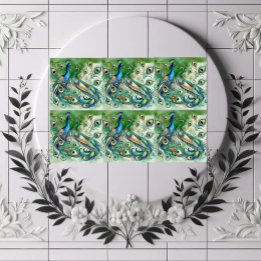 Azulejo De Cerâmica Casal de Pavão Azul Motivo de Penas Douradas Verde