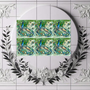 Azulejo De Cerâmica Casal de Pavão Azul Motivo de Penas Douradas Verde