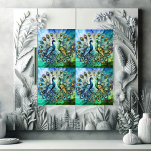 Azulejo De Cerâmica Casal de Pavão Majestoso Azul Verde Pena Dourada