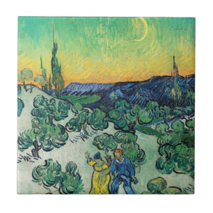 Azulejo De Cerâmica Casal Romântico de Van Gogh Caminhando sob a Lua