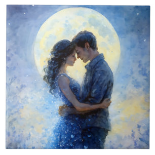 Azulejo De Cerâmica Casal Romântico Lua Aquarela Arte Dreamy Azul