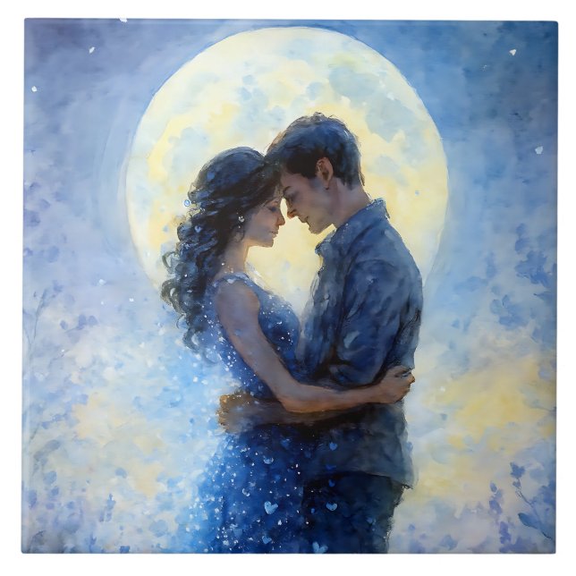 Azulejo De Cerâmica Casal Romântico Lua Aquarela Arte Dreamy Azul (Frente)